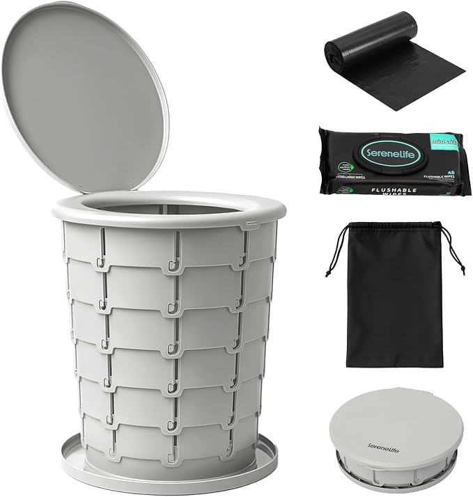 SereneLife Foldable Toilet Seat for Camping, Adjustable Height Portable Travel Potty with Lid, Carry Bag, Non-Slip Base, 331 lbs Capacity + 3-Pack Flushable Wipes, for Car, Hiking, Outdoor Use, Gray