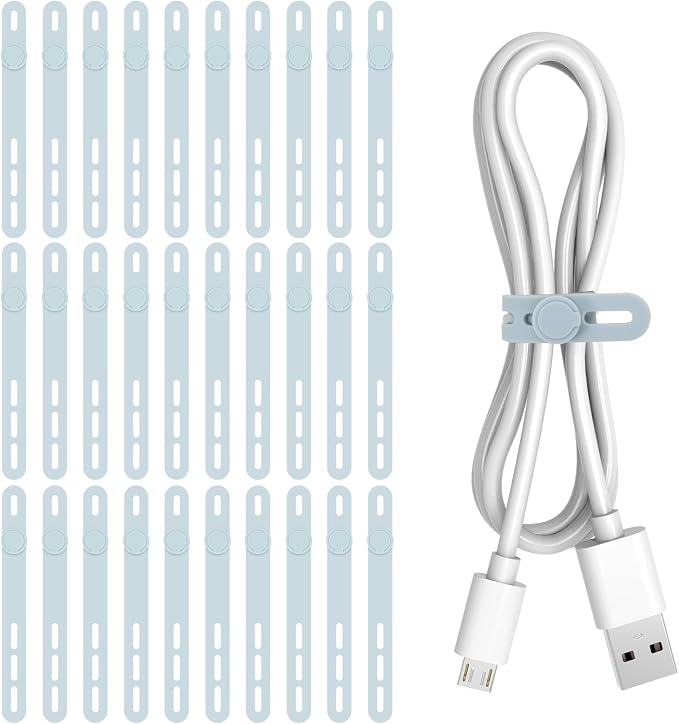 Donruby 30Pcs Silicone Cable Ties - Reusable & Washable with Adjustable Locking Buckles, High Elasticity Cable Management Straps for Home, Office, School, Travel Essential Cord Organizer (Blue)