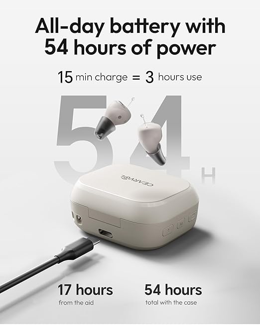Cearvol-Nano OTC Hearing Aids with All-in-One Charging Case Control Rechargeable Whisle-Free Experience Noise Reduction for Seniors Adults Discreet Mini ITC Design, Starlight