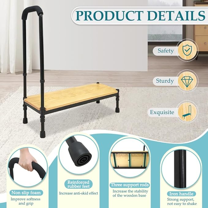 Medical Step Stool with Handle for Elderly Bed Steps for High Beds Adults Stepping Stool SUV Car Bariatric Handicap Seniors Safety Bedside Heavy Duty Foot Step Adjustable Assist Rail (Widen Platform)