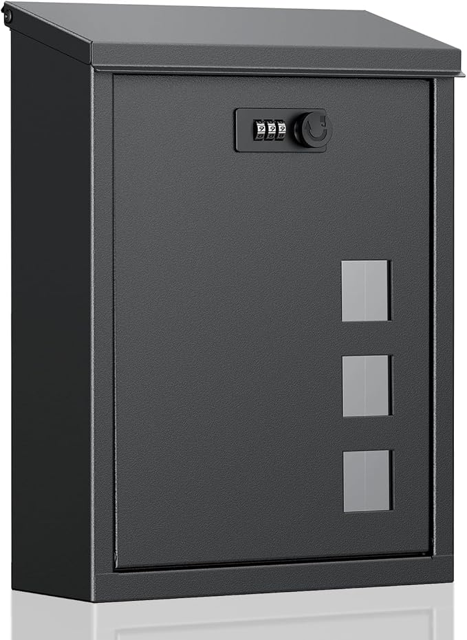 Uniclife Large Mailbox, Wall Mount Mailboxes for Outside, Black | Mail Boxes with Combination Lock, Security Locking Key Drop Box for House School Office and Outdoor