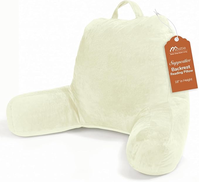Sasttie Reading Pillow, Velvet Back Pillow for Bed Sitting Up, Adult Back-Rest Support Cushion with Arms for Sit Up on Couch, Sofa, and Floor, Dorm Essentials, Reading Accessories, Cream