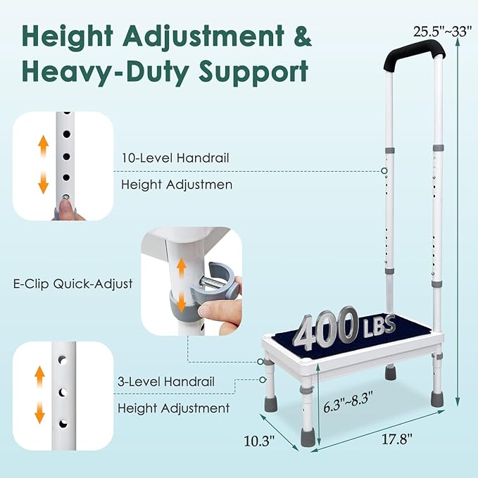 Medical Step Stool with Handle for Elderly Bed Side Stools for High Beds Adult Seniors Safety Bedside Steps Adjustable Heavy Duty Stepping Stool Metal Platform RV Bathtub Car Bedroom Assist (17.8")