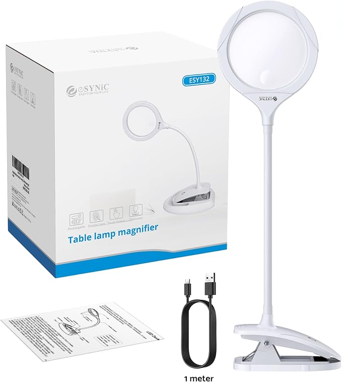 eSynic Desktop Magnifying Glass with 15 LED Lights-800mAh Rechargeable | 5X & 10X Acrylic Lens-3-Level Dimmable-Flexible Gooseneck-Clamp & Base Stand – for Reading/Soldering/Crafts/Elderly