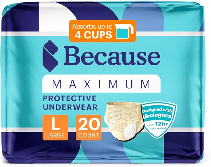 Because Discreet Maximum Adult Incontinence & Postpartum Underwear for Women, High Absorbency, Disposable, Absorbs Up to 4 Cups, Beige, Large, 20