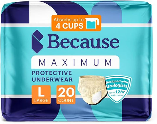 Because Discreet Maximum Adult Incontinence & Postpartum Underwear for Women, High Absorbency, Disposable, Absorbs Up to 4 Cups, Beige, Large, 20
