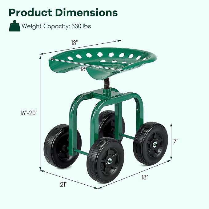 Goplus Garden Cart with Wheels, Utility Stool Cart w/Adjustable 360 Degree Swivel Seat, Outdoor Lawn Yard Rolling Work Seat, Garden Scooter for Planting (Green)
