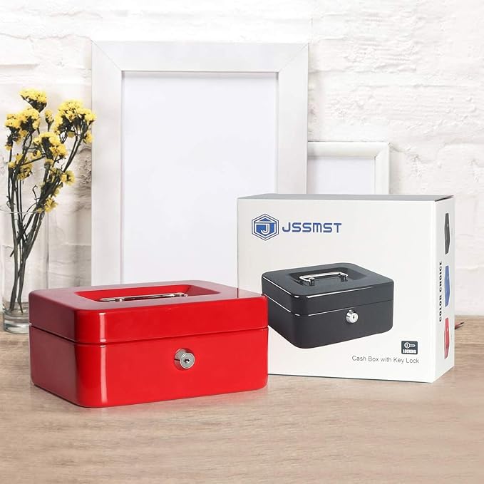 Jssmst Locking Medium Steel Cash Box with Money Tray,Lock Box,Red