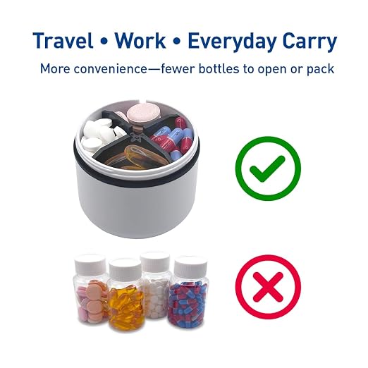 EZY DOSE Mini Pill Organizer, 4-Compartment Vitamin & Medication Case with Screw-Top Secure Seal + Sliding Dispenser, Compact Bottle-Replacement for Purse, Work, Cruise & Travel, Medium, White/Black