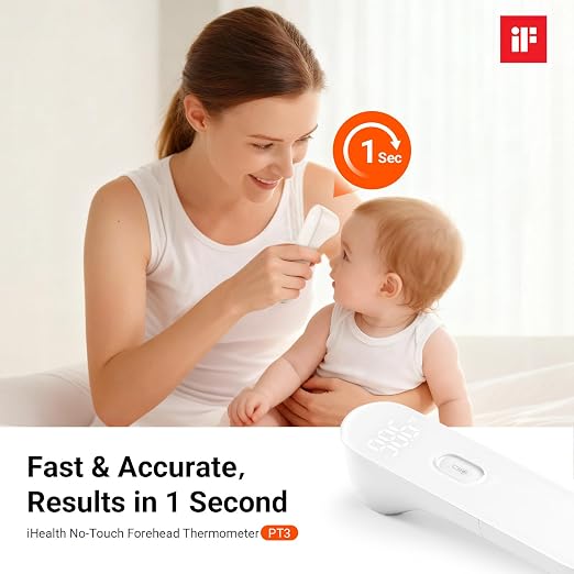 iHealth No-Touch Forehead Thermometer for Adults, Kids, Babies PT3 | 1s Fast Accurate, 3 Ultra-Sensitive Sensors, Quiet Vibration Feedback, Digital Large LED Digits, Use for Home & Nurses