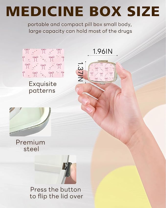 LRITER Pill Case, 2 Compartment Portable Small Travel Pill Organizer for Purse and Pocket, Stylish Medicine Case with Multiple Patterns, Daily Pillbox for Home & Travel (Bow)