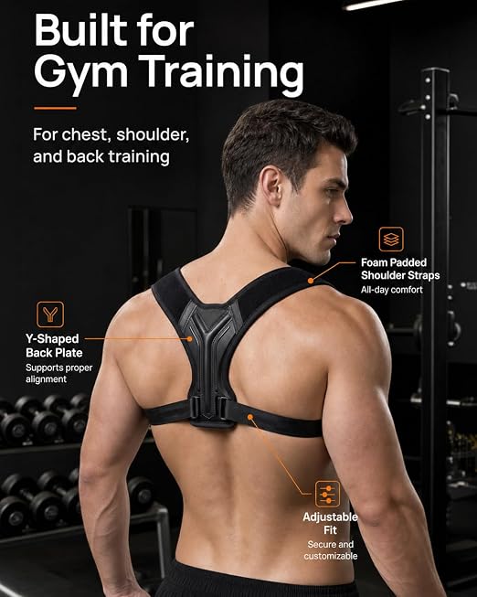 Workout Posture Corrector for Men, Upper Back Gym Trainer | Y-Back EVA panel, adjustable foam straps, gentle upper-back reminder for chest, shoulder and back workouts