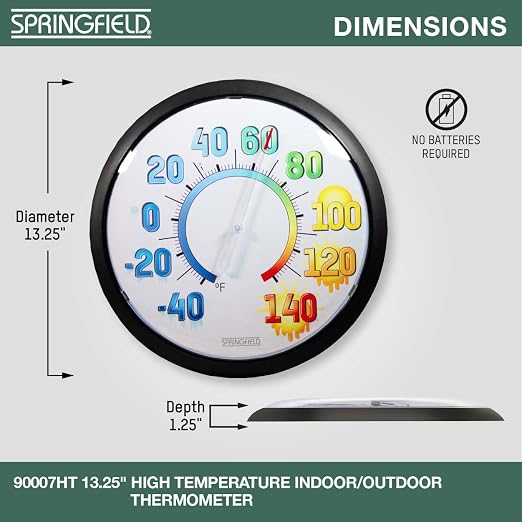 Springfield Big & Bold Outdoor Wall Thermometer, 13.25-Inch High Temperature Weather-Resistant Patio Thermometer with Easy-to-Read Colorful Display for Backyard, Porch, Garden, or Deck, White