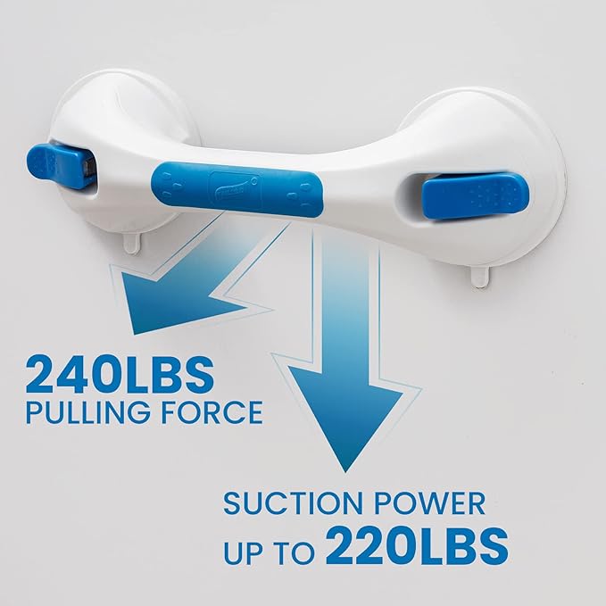 LEVERLOC Shower Grab Bar, 12 Inch Suction Grab Bars for Bathtubs, Shower Handle Handrail for Seniors Bathroom Safety Grip for Elderly, Heavy Duty No Drilling Removable,Blue
