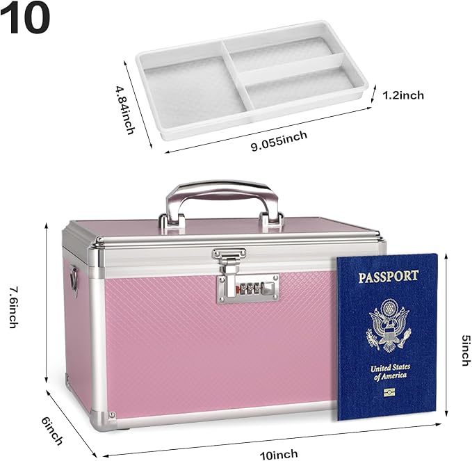 Medicine Box with Combination Lock - 10"x6"x6.7" First Aid Safe Medication Storage Case, Personal Items Safe Case for Hospital & Home & Outdoor 【Pink】