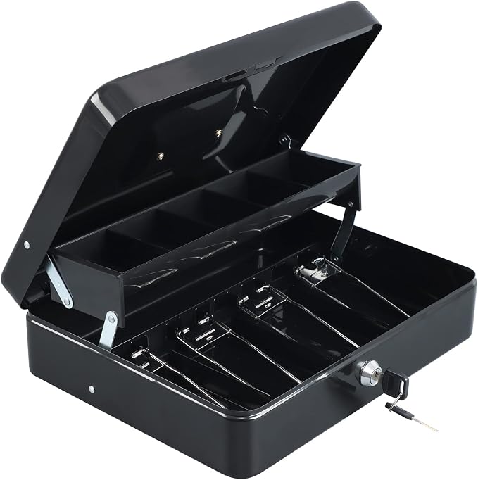 xydled Cash Box with Money Tray and Key Lock,Tiered, Cantilever Design,4 Bill / 5 Coin Slots,11.8" x 9.5" x 3.5",Black