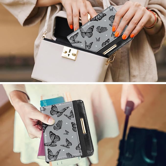 Coco Rossi Passport Holder for Travel Women Slim RFID Passport Cover Wallet | Travel Essentials, Passport Book Holders, Passport Wallet Cover Case, PU Leather, Cute, Thin, Spliced Design, Black Butterfly