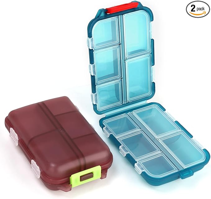 2PCS Travel Pill Box, Cute Pill Organizer, Small Pill Case, Portable Medicine Organizer for Purse, with 10 Compartments for Different Medicines