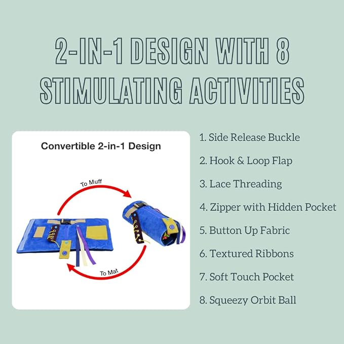 Modaliv 2-in-1 Sensory Fidget Blanket & Calming Muff, Blue | Alzheimer's & Dementia Activity Mat for Adults, Anxiety Relief, Therapeutic Tactile Sensory Engagement