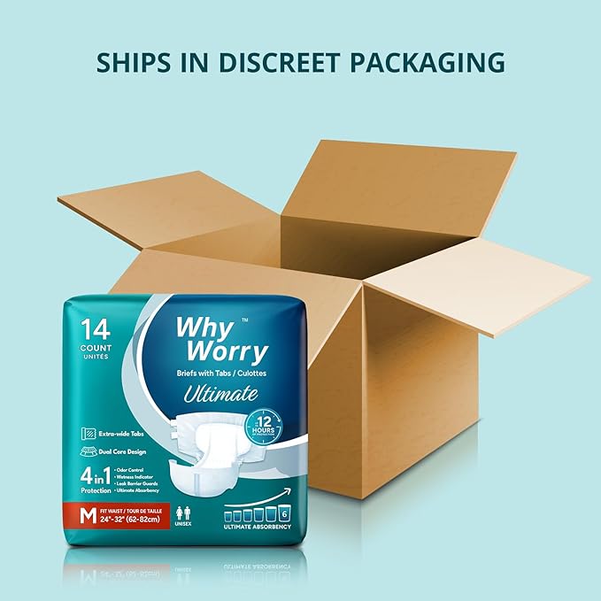 WhyWorry Ultimate Adult Diapers for Men and Women, Disposable Adult Briefs with Tabs for Incontinence, Unisex Incontinence Briefs with Tabs, Ultimate Absorbency, Odor Control, Medium, 14 Count