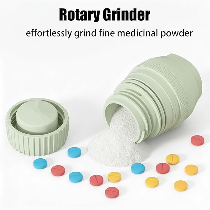 3-in-1 Pill Crusher Fine Powder - 1/4 1/2 Pill Cutter Splitter for Small and Tiny, Grinder for Elderly with Storage and Measuring Cup (Light Green)