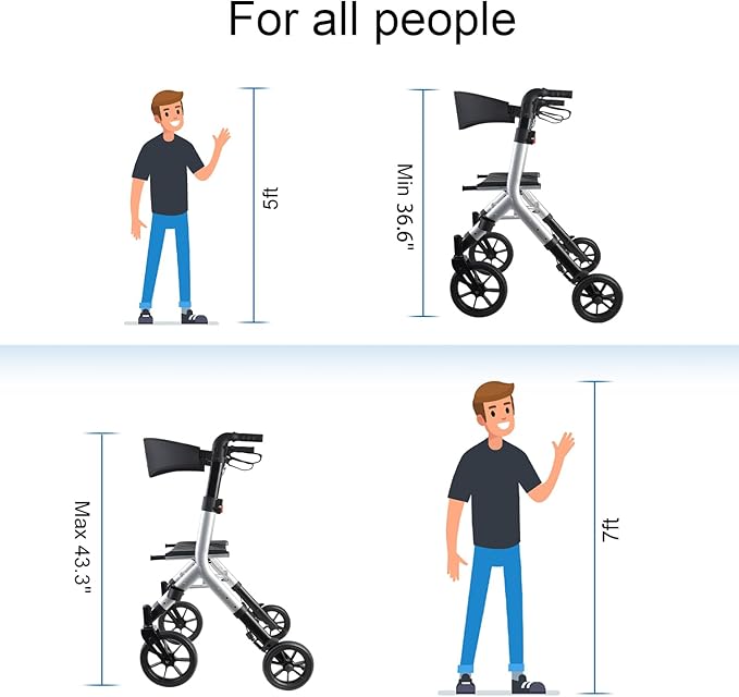 WALK MATE Rollator Walker for Seniors Taller 5.3~7ft with Height-Adjustable Seat, 10 Inch Wheels Wire-Hidden Walkers Compact Folding Design Lightweight Mobility Walking Aid Widen Backrest, Silver