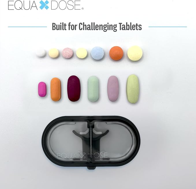 EQUADOSE Precision Pill Splitter with Centering Guide, Dual Stainless-Steel Blades for Small & Large Tablets, Accurate Halves & Quarters for Medication, Vitamins and Pet Pills, Black