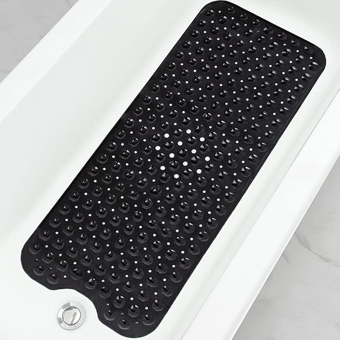 Bathtub and Shower Mats, Extra Long Non-Slip Bath Tub Mat 39 x 16 Inch, Machine Washable Bathmat with Suction Cups & Drain Holes for Bathroom Floor, Black