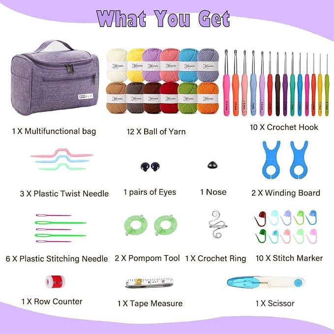 Yarniss Crochet Kits for Beginners with Instruction, All-Inclusive Crochet Set Include 840 Yards Yarn&14 Sizes Crochet Hooks, Crocheting Kit for Adult with Bag,Purple
