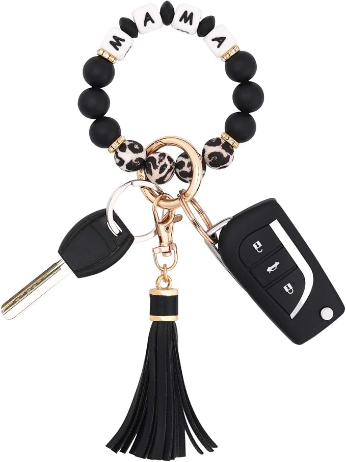 BAOSIWA Silicone Beaded Bracelet Keychain Wristlet Key Ring Bangle Chains for Women with Leather Tassel