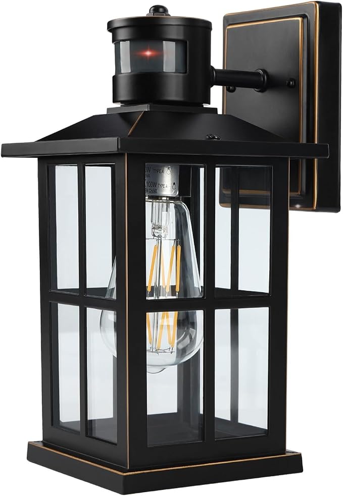 Outdoor Motion Sensor Light, Black Exterior Wall Lighting Fixtures,Dusk to Dawn Motion Sensor Outdoor Lights, Waterproof Front Porch Light Lantern for Garage, Patio. (Black, 1 Pack)