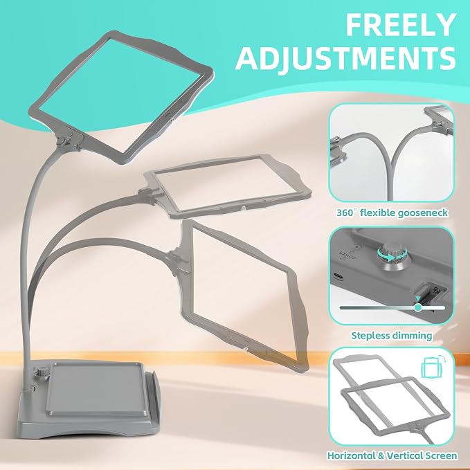 Magnifying Glass with Light and Stand 50 Ultra-Bright LEDs Grey | Large Magnifying Lamp with Light Magnifying Glass on Stand Hand-Free with 360° Flexible Gooseneck for Close Work Reading