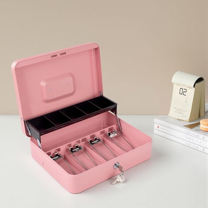 Cash Box with Money Tray and Lock - Metal Money Box for Cash Register, Large Lock Box for Money Safe 11.8" x 9.4" x 3.54" Pink