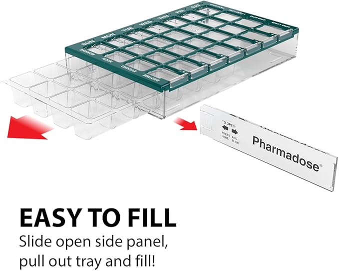 EZY DOSE Pill Organizer Weekly (7-Day), Medicine Planner, Vitamin Case/Box, Medium Compartments with Easy Fill Tray, 4 Times a Day, Easy to Use Containers, Clear Lids, Green, BPA Free