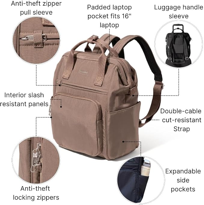 Baggallini Securtex Anti-Theft Windsor Backpack for Travel, Work & College, RFID & Locking Zipper, Up to 16" Laptop
