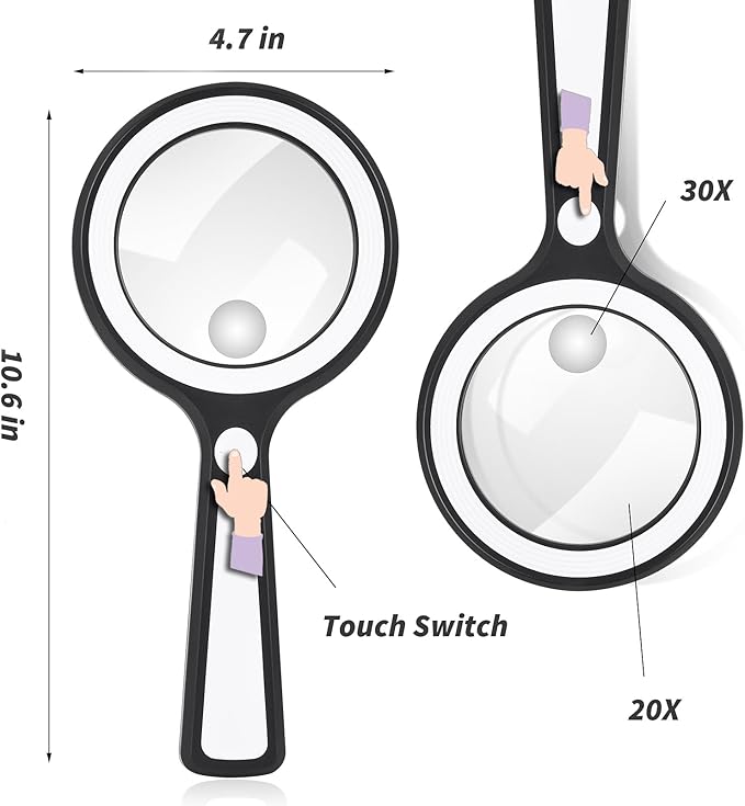 20X 30X Coin Magnifier, USB Rechargeable Lighted Magnifying Glass with Light Handheld for Currency Seniors Reading Crafts Jewelry Hobbies
