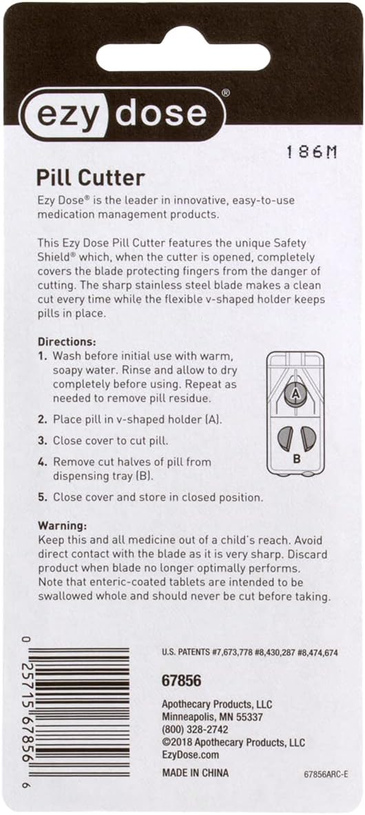 Ezy Dose Pill Cutter and Splitter with Safety Shield, Daily Usage, Safely Cut Pills, Vitamins, Tablets in Half, Accurate and Easy Cutting, Stainless Steel Blade, Travel Sized, Color May Vary, BPA Free