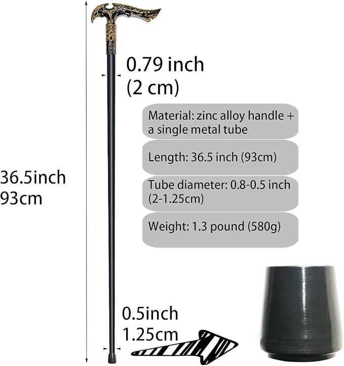 Walking Cane for Men & Women & Seniors - 36.5 Inch Heavy Duty 500+ lbs Capacity, Ergonomic Handle, Ornate & Decorative, Elegant Matte Black & Silver Metal Cane with Goth & Gothic Aesthetic