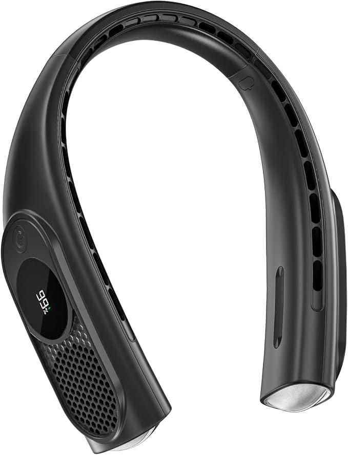 JIAGE Neck Fan, Bladeless Wearable Hands-Free Portable Fan, 5200mAh Rechargeable, 360° Cooling with 3 Speeds, Ultra-Quiet Personal Fan LED Display, Idea for Home, Office, Travel, Sports- Black
