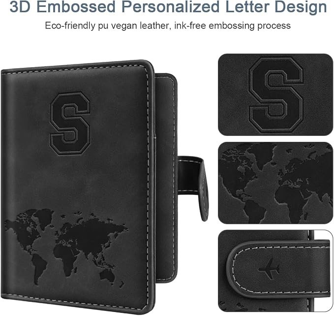 Passport Holder for Travel Essentials Personalized Initial Wallets | Embossed Letter A-Z Design, RFID Blocking, Passport Cover, Passport Book Holders, Men Women, Personalized Gifts, Black-S