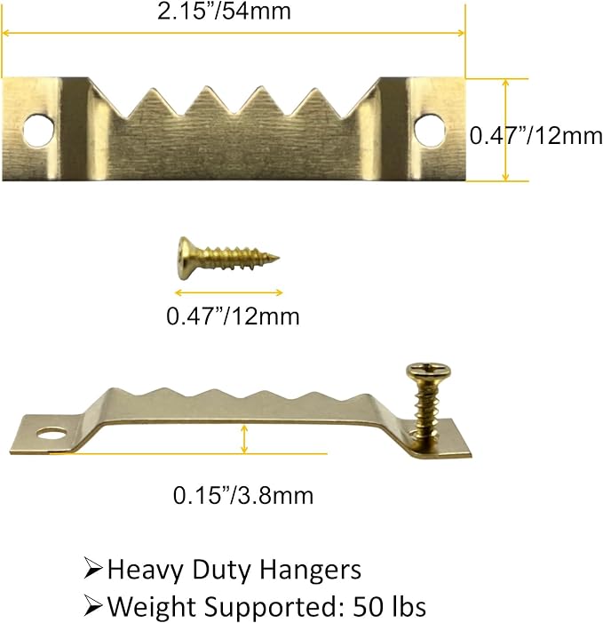 50 Pack Large Heavy Sawtooth Picture Hangers Steel Picture Hangers with Screws Picture Hang Solutions, for Hanging Clock Paintings Artwork Picture Frame Hook Photos (Gold，Supports 50 lbs)