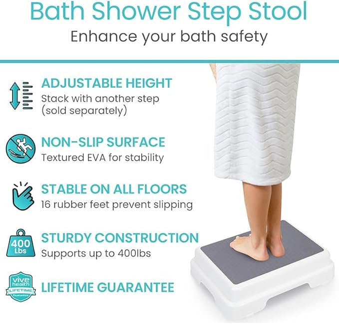 Vive Bath Shower Step Stool (4.5") - Slip Resistant, Stackable, Indoor/Outdoor - Safety Stepping Stool Bathroom Aid for Adults, Handicap, Elderly, Seniors, Bathtub, High Beds, Kitchens - Nonslip