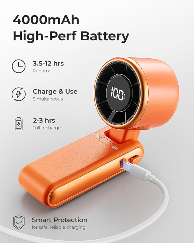 Portable Handheld Turbo Fan - 5 Gear High Speed 4000mAh Rechargeable Mini Personal Hand Fan Blow Cold Air, Battery Operated Travel Essentials, Gifts for Women, Men (Cosmic Orange)