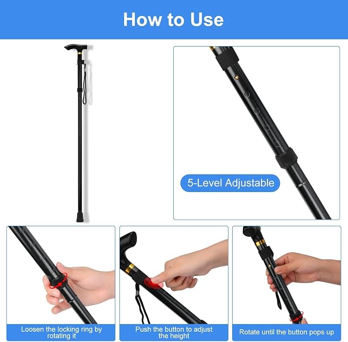 Walking Cane, Folding Cane for Man & Women, Portable Lightweight | 5-Level Adjustable Height, Collapsible Cane for Seniors Balancing Mobility Aid