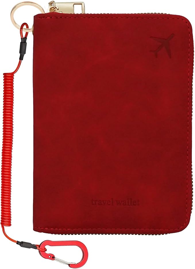 Passport Holder with Tether and Carabiner Clip to Prevent Loss and Theft, Rfid Passport Holder for Travel, Passport Cover, Wallet & Case for Men and Women (Red - Tether and Carabiner)