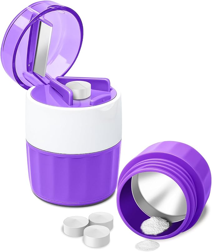 Pill Crusher and Pill Cutter - Cotatoc 3-in-1 Pill Crusher Fine Powder with Stainless Steel Grinding Head, Tablet Grinder with Storage for Tablets, Pill Cutter Splitter for Small Pills (Purple)