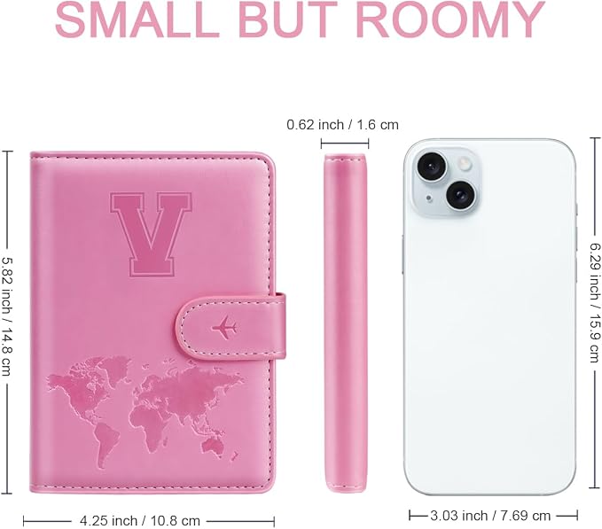 Passport Holder Cover Initial Letter A-Z Travel Wallet Personalized | Travel Essentials, Embossed Design, RFID Blocking, Personalized Gift, Passport Book Holders for Women and Girls, Pink-V
