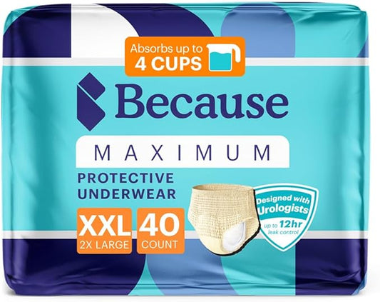 Because Premium Maximum Plus Adult Incontinence and Postpartum Bladder Leak Underwear for Women, Maximum Absorbency, Disposable, Beige, XXLarge, 40 Count (4 Packs of 10)