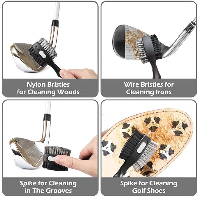 THIODOON 2 Pack Golf Club Brushes and Groove Cleaner 2 ft Retractable Zipline Carabiner Golf Brush Head with Retractable Spike Comfortable Grip Golf Club Cleaner