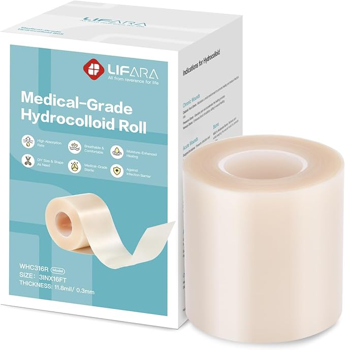 LIFARA Hydrocolloid Roll for Wound Care - Cut-to-Size, Extra Large Hydrocolloid Patch Bandages with Self-Adhesive, Waterproof, First Aid Kit Essential (3in*16ft, 11.8mils/ 0.3mm Thickness)